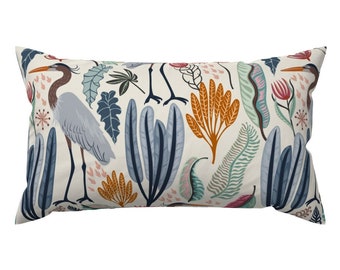 Coastal Flora Accent Pillow - Heron And Plants by nina_leth - Nature Tropical Wild Flowers Pond Rectangle Lumbar Throw Pillow by Spoonflower