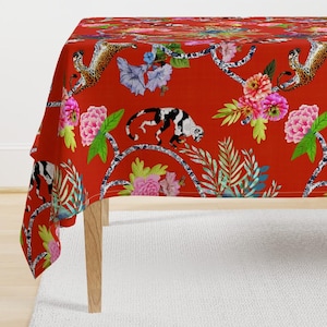 Chinoiserie Tablecloth - Chinoiserie Frolic  by pattern_garden - Maximalist Red Whimsical Monkey Cotton Sateen Tablecloth by Spoonflower