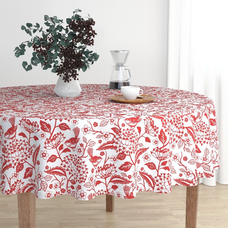 Bird Garden Cotton Sateen Circle Tablecloth by Spoonflower Window Garden by jennartdesigns Chinoiserie Round Tablecloth