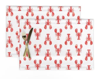 Lobster Placemats Set of 2 - Modern Nautical Red And White Beach House Decor  Cloth Placemats - Red Lobster Fabric by littlearrowdesign