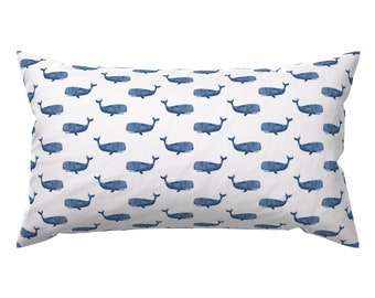 Watercolor Whales Accent Pillow - Whale by nagorerodriguezdesign - Nautical Sea Life Blue White Rectangle Lumbar Throw Pillow by Spoonflower