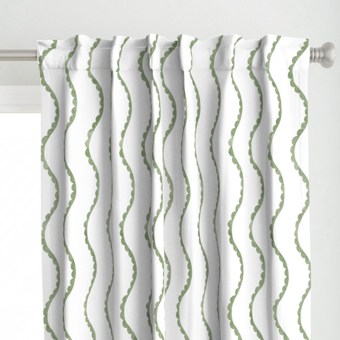 Sage Green Stripe Curtain Panel Watercolor Waves Scalloped by