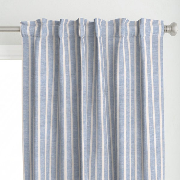 Cream Curtain Panel - Blue Linen Towel Vertical by everindie - Blue Stripes Simple Vertical Linen Towel Custom Curtain Panel by Spoonflower