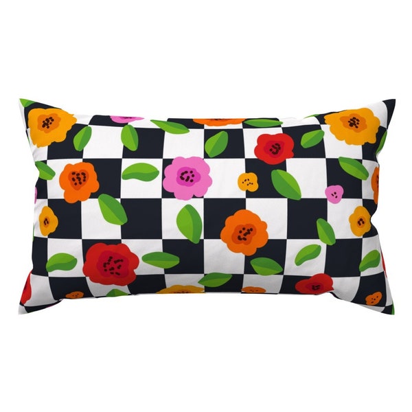 Bright Checkerboard Accent Pillow - Groovy Check by schnukilie - Floral Check Bold Fun Colorful Rectangle Lumbar Throw Pillow by Spoonflower