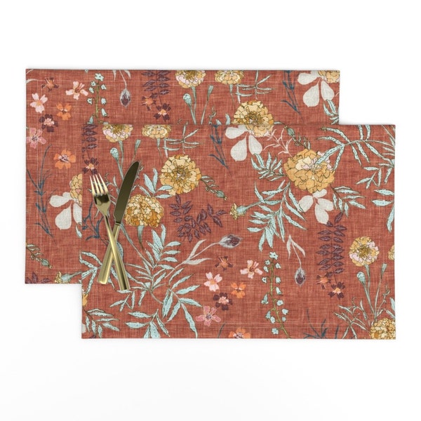 Terra Cotta Floral Placemats (Set of 2) - Marigold Love Rust  by nouveau_bohemian - Boho Wildflowers Rustic Cloth Placemats by Spoonflower