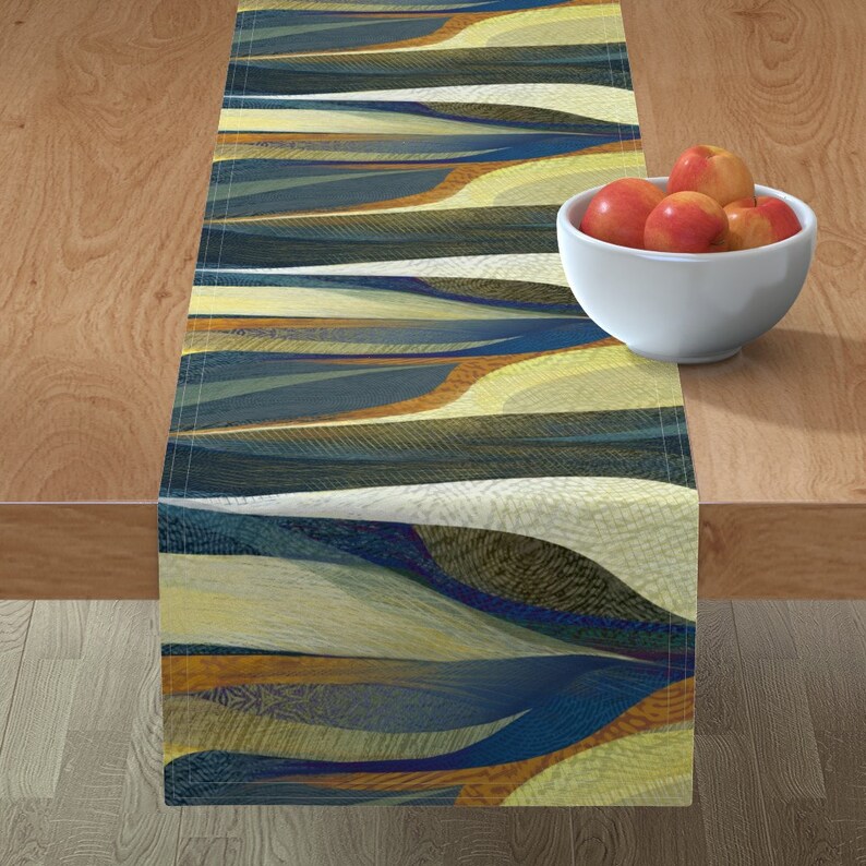 Painterly Blue Tan Brown Modernist Mod Cotton Sateen Table Runner by Spoonflower Abstract Table Runner Textured Waves by wren/_leyland