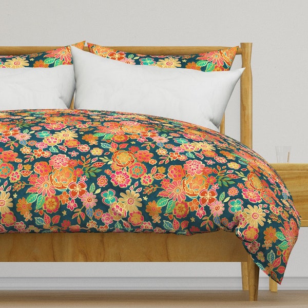 Maximalist Bedding - Seventies Floral Large by micklyn - Retro Flowers Jewel Tone  Cotton Sateen Duvet Cover OR Pillow Shams by Spoonflower