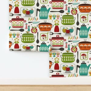 May include: Wallpaper featuring a repeating pattern of kitchenware on a white background. The design includes red, green, and teal pots, pans, teapots, fruit bowls, egg cups, and utensils. The illustrations are stylized with simple shapes and lines.