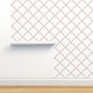 Floral Lattice Non-Pasted Wallpaper - Pink Floral Trellis by prettyfestive - Climbing Rose Feminine Wallpaper Double Roll by Spoonflower