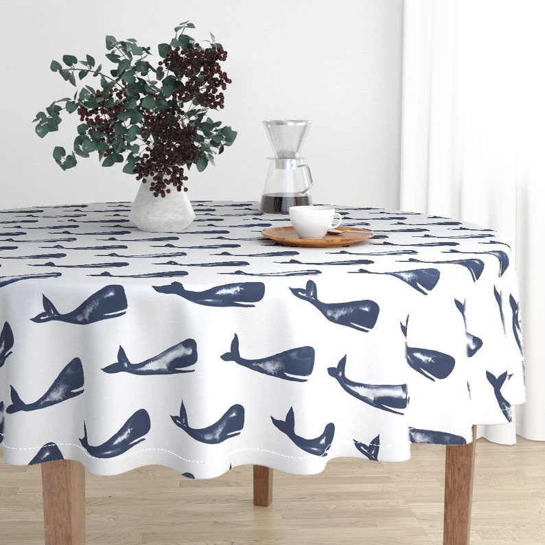 Blue Whale Ocean Luxe Cotton Sateen Round Tablecloth by Roostery with Spoonflower Fabric Moby and Friends by jillbyers Round Tablecloth