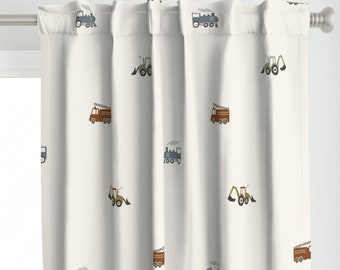 Panel de cortina con diseño de camión de construcción - Panel de cortina personalizado con diseño de camiones de bomberos bohemios para bebés - Camiones de bomberos, trenes y tractores de paradoxpatterns -