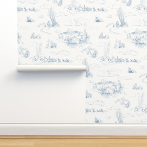Carta da parati non incollata Pooh Nursery - Pooh Mint Blue di at_the_cottage - Carta da parati Storybook Pooh Bear Blue Double Roll di Spoonflower