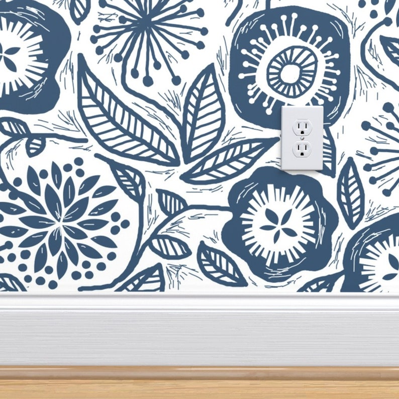 Mod Floral Wallpaper Linocut Leaves and Petals by | Etsy