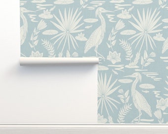Lake Egret Non-Pasted Wallpaper Carolina Wetland Marsh Crane Heron - Egret On Blue  by katie_hayes Wallpaper Double Roll by Spoonflower