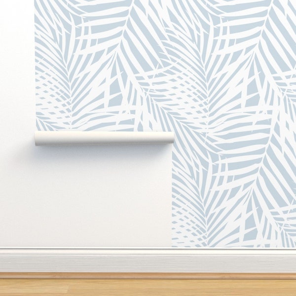 Palm Commercial Grade Wallpaper - Fronds by danika_herrick - Light Blue Leaves Palm Fronds Summer Wallpaper Double Roll by Spoonflower