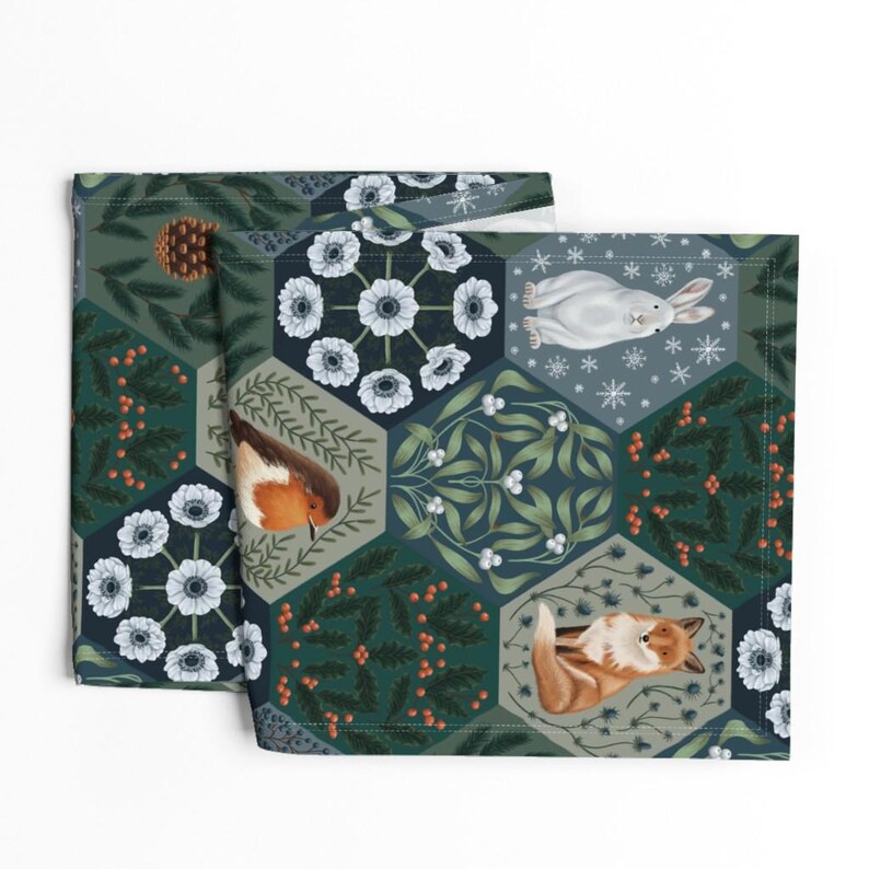 Winter Patchwork Table Runner - Forest Floral Berries Woodland Rabbit Cotton Sateen Table Runner - Winter Large by hope_olivia_illustrations image 4