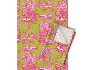 Pink Chinoiserie Tea Towels (Set of 2) - Chinoiserie Toile  by peacoquettedesigns - Pink Asian Toile Linen Cotton Tea Towels by Spoonflower