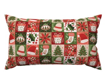 Christmas Geo Accent Pillow - Rustic Christmas Icons by noondaydesign - Holiday Green And Red  Rectangle Lumbar Throw Pillow by Spoonflower