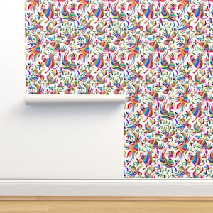 Otomi Non-Pasted Wallpaper - Flying Otomi Birds Ole  by vo_aka_virginiao - Pinata Mexican Folk Art Wallpaper Double Roll by Spoonflower