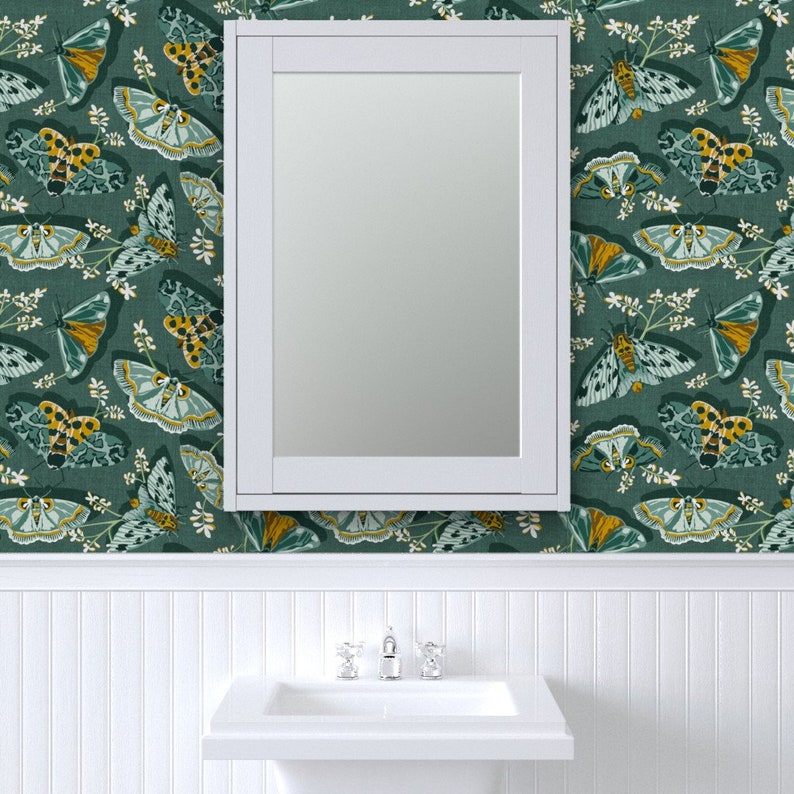 Teal Moths Wallpaper Gathering Moths by Heatherdutton Gold | Etsy