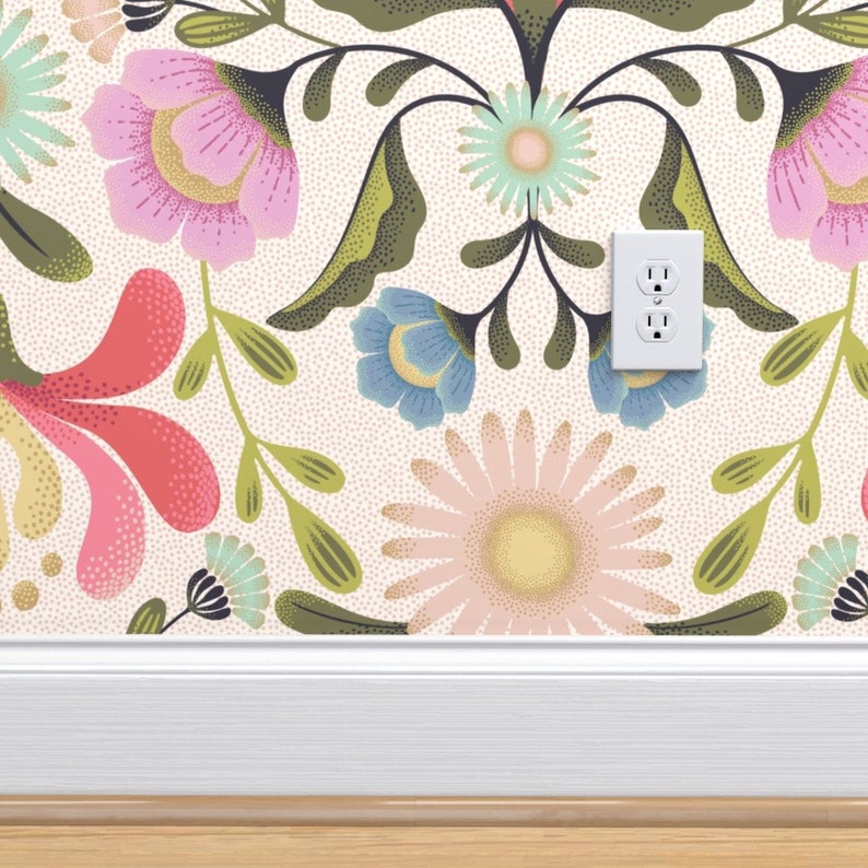 Folk Art Floral Wallpaper Maximalist Folk Flowers by Etsy