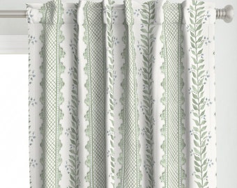 Sage Green Stripe Curtain Panel - Botanical Watercolor Garden Grandmillenial Custom Curtain Panel - Celia On Cream by danika_herrick -
