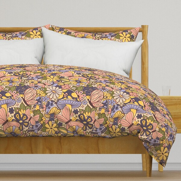 Groovy Floral Bedding - Mushroom Bloom by dacha_dreamland - Pastel Earth Tones 70s Cotton Sateen Duvet Cover OR Pillow Shams by Spoonflower