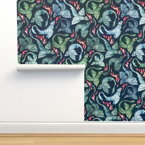 Carta da parati non incollata Watercolor Dragons - Dragon Fire di adenaj - Carta da parati Dark Blue Green Fairy Tale Double Roll di Spoonflower