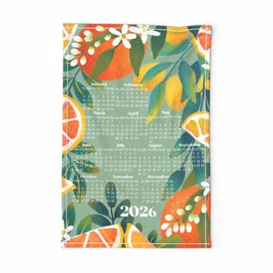 2026 Calendar Tea Towel - Citrus Calendar  by raghda_s - Citrus Sage Green Calendar Lemon Wedge Linen Cotton Canvas Tea Towel by Spoonflower
