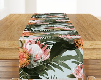 Tropical Table Runner - Hawaiian Floral Tropical Flowers Sfaut15 Cotton Sateen Table Runner -  Tropical Floral On Blue  by sweeterthanhoney