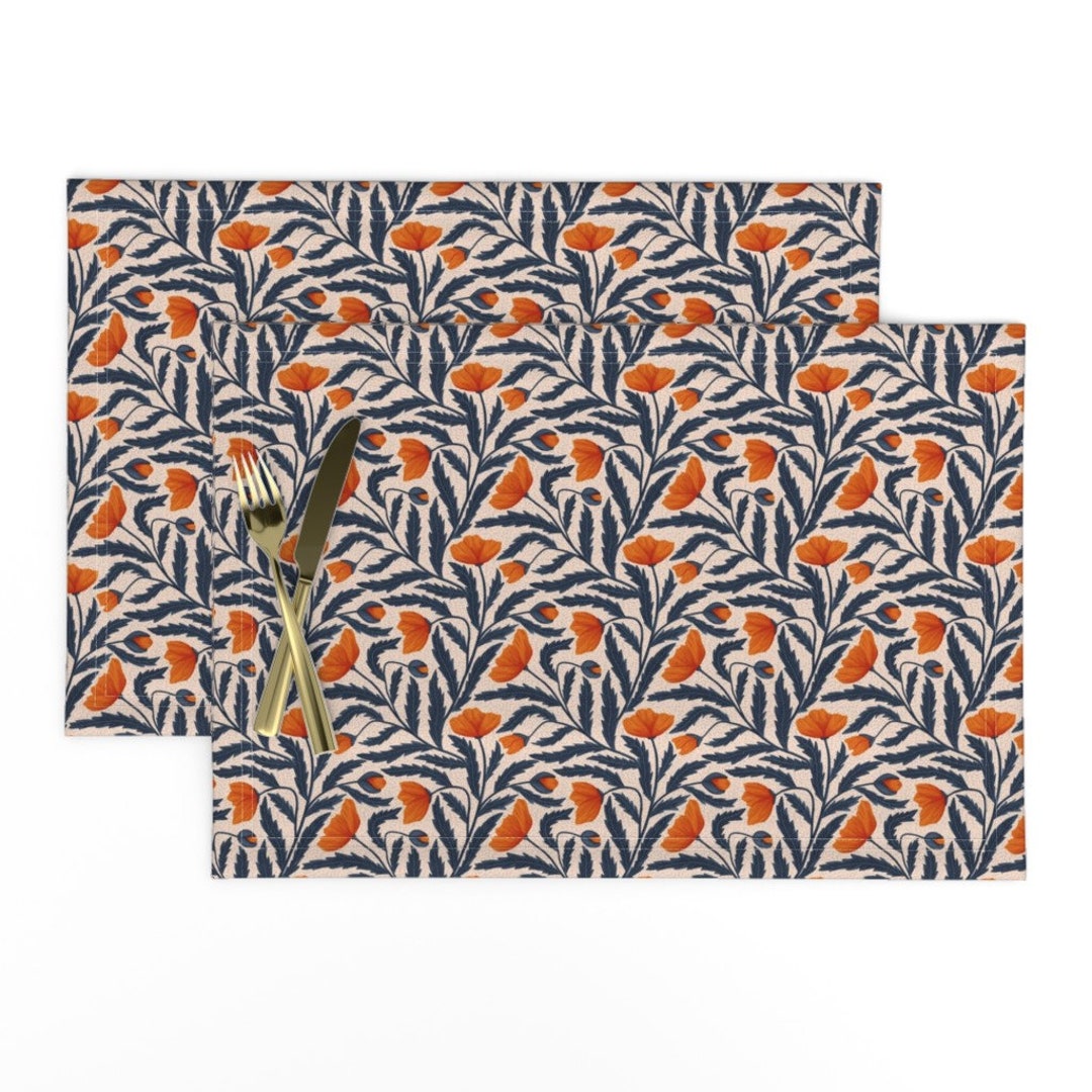 Blue Orange Floral Placemats set of 2 Poppy Flower by Denesannadesign