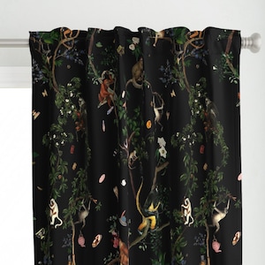 Exotic Monkey Curtain Panel - Monkey World  by fifikoussout - Jungle Forest Chinoiserie Black Green Custom Curtain Panel by Spoonflower