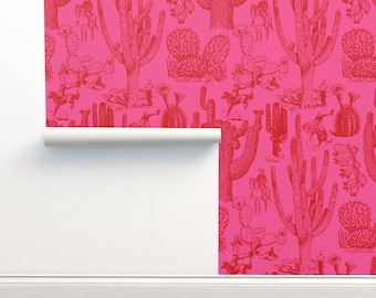 Retro western kitsch vliesbehang Saguaro Cactus - Western Cactus van Yesterdaycollection Behang Double Roll van Spoonflower