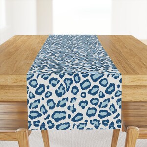 Blue Animal Print Table Runner - Cheetah Leopard Jaguar Print Cotton Sateen Table Runner - Etosha Leopard In Blue by willowlanetextiles