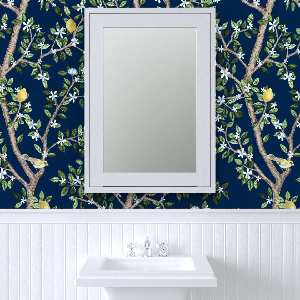 Navy Chinoiserie Wallpaper Navy Eloise With Lemons by - Etsy
