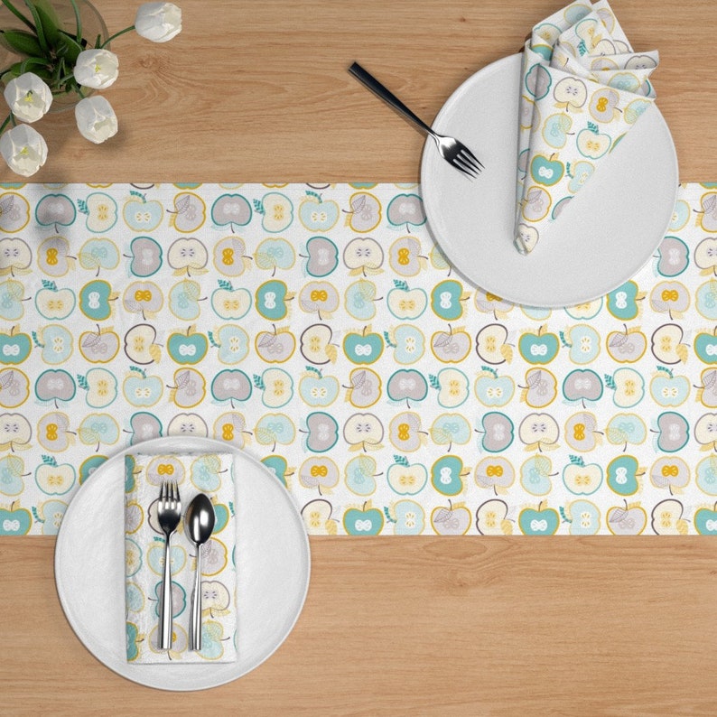 Geometric Snack Food Healthy Sfaut15 Cotton Sateen Table Runner by Spoonflower Apples In Green by heleenvanbuul Fruit Table Runner