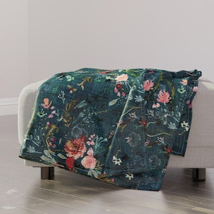Bohemian Floral Throw Blanket - Fable Floral Teal by nouveau_bohemian - Boho Botanical Feminine Throw Blanket with Spoonflower Fabric