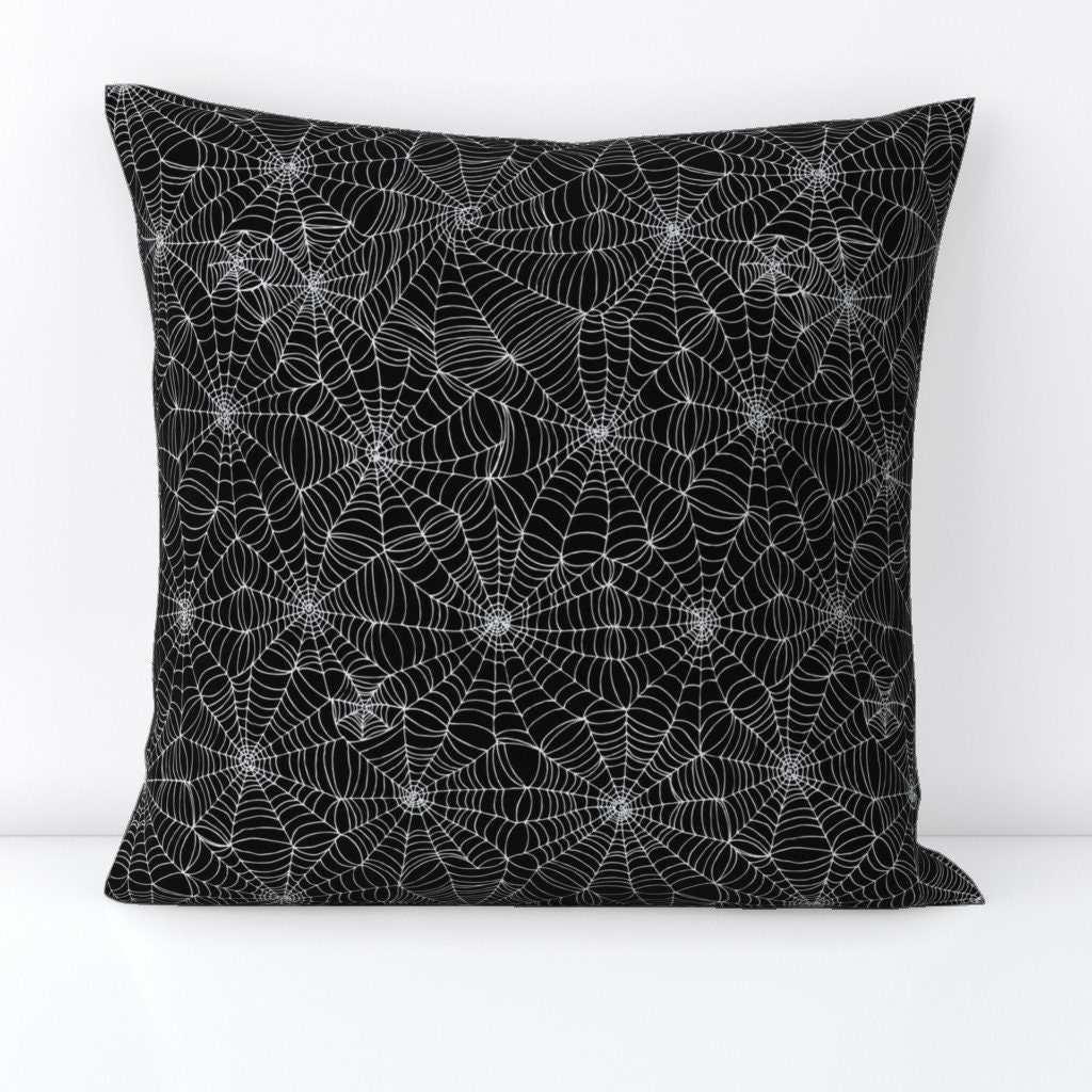 Spider Web Throw Pillow - Spiderwebs White On Black by cecca - Halloween  White Spooky Witch Decorative Square Throw Pillow by Spoonflower