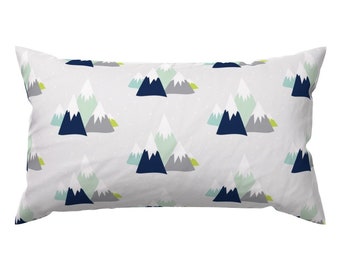 Mountain Range Accent Pillow - Mountains by graceandcruzdesigns - Geometric Gray Navy Aqua Rectangle Lumbar Throw Pillow by Spoonflower