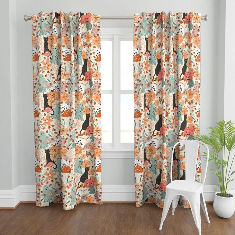 Cute Halloween Ghost Curtain Panel - Pastel Floral Pumpkin Orange Black Cat Custom Curtain Panel - Ghosts And Pumpkin by sally_mountain - image 2