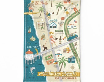 May include: A colourful illustrated map of Manhattan Beach, California, featuring landmarks such as El Porto, Uncle Bill's Pancake House, The Strand, and The Pier. The map includes various activities and details of the beach town, including people walking, cycling, surfing, and playing volleyball.