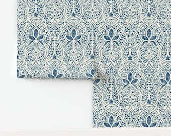 Indigo Damask Non-Pasted Wallpaper Blue Cream Batik Botanical India - India Damask by peacoquettedesigns Wallpaper by Spoonflower