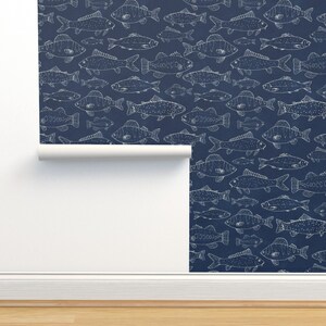 Fish Non-Pasted Wallpaper - Freshwater Fish by arthousewife - Navy Lake Fishing Carp Salmon Camping Wallpaper Double Roll by Spoonflower