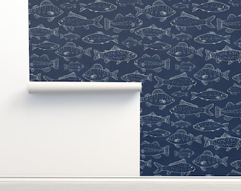 Fish Non-Pasted Wallpaper Navy Lake Fishing Carp Salmon Camping Bass - Freshwater Fish by arthousewife Wallpaper Double Roll by Spoonflower