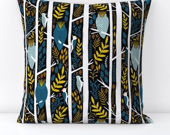 Modern Woodland Throw Pillow - Horned Owl by amy_maccready - Forest Animals  Teal Blue Gold Decorative Square Throw Pillow by Spoonflower
