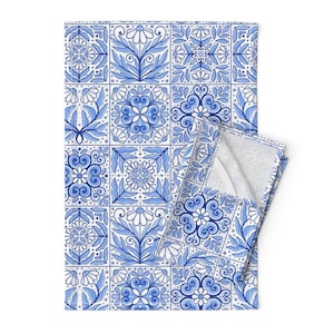 Faux Tile Tea Towels (Set of 2) - Daisy Tile Blue by cuteteez - Floral Botanical Squares Patchwork Linen Cotton Tea Towels by Spoonflower