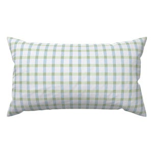 May include: A rectangular pillow with a white background and a repeating pattern of light green and light blue checks. The pillow has a soft, inviting appearance, suitable for home decor.