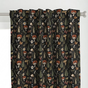 Woodland Curtain Panel - Mushrooms On Black by depiano - Fern Moth Dragonfly Mushroom Wildflowers Custom Curtain Panel by Spoonflower
