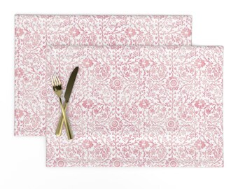 Pink Placemats (Set of 2) - Rose Woodblock  by forest&sea -  Woodblock Block Print Dusty Pink Pink And White Cloth Placemats by Spoonflower