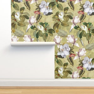 Victorian Botanical Non-Pasted Wallpaper - Green Antique Magnolia Floral by utart - Elegant Garden Wallpaper Double Roll by Spoonflower